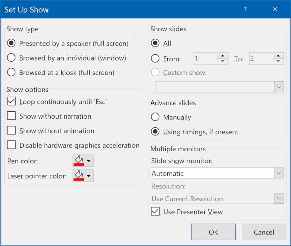 Screenshot of PowerPoint looping button.