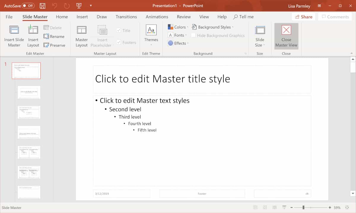 Screenshot of how to close out slide master.