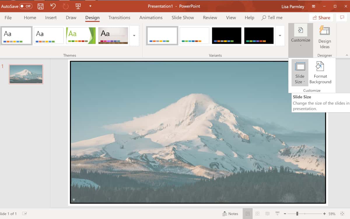Screenshot of where to find the customize slide size button.