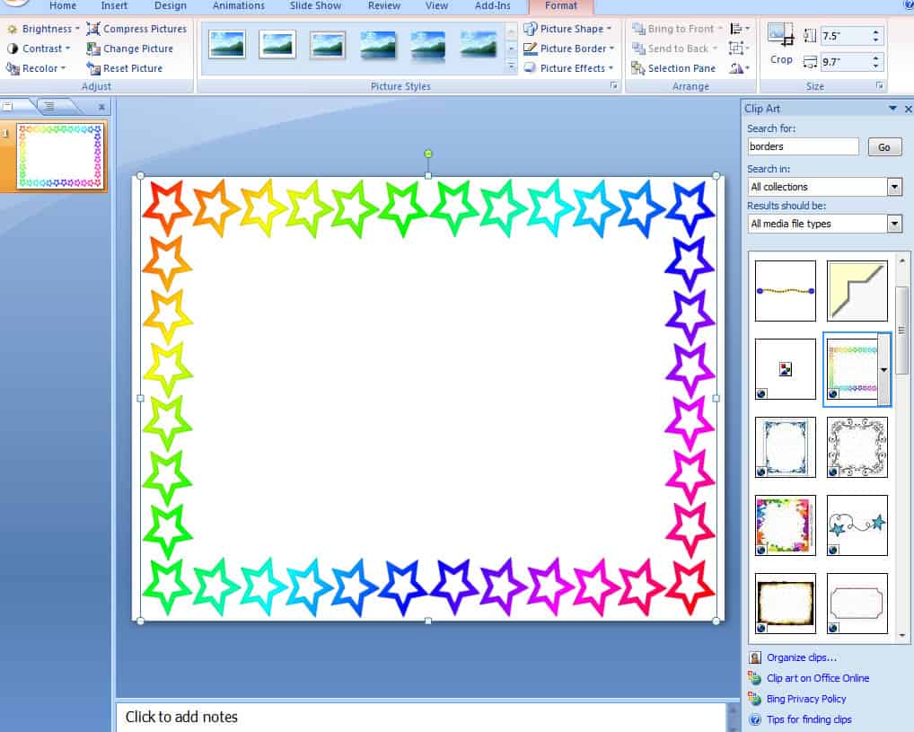 Screenshot showing clip art border.