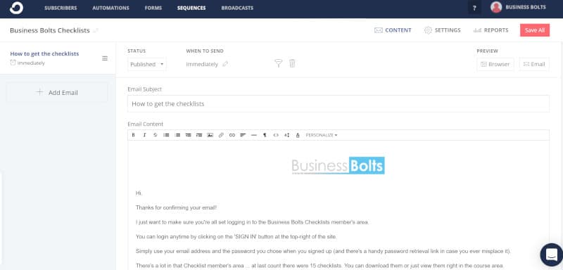 Screenshot of ConvertKit email builder.