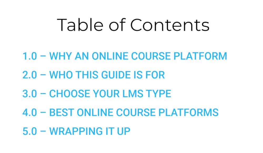 screenshot showing a table of contents from coursemethod.com