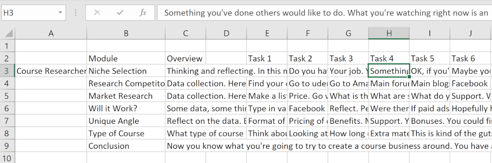 excel image showing how I use excel to create a course outline