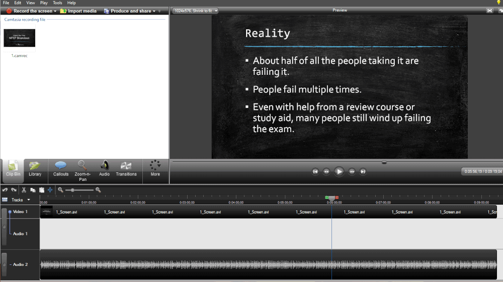 Screenshot of Camtasia workflow.