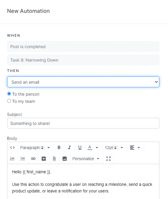 Screenshot showing how to add email response once learner finished course.