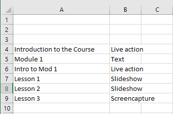 Screenshot of excel spreadsheet showing how each video type has been selected.