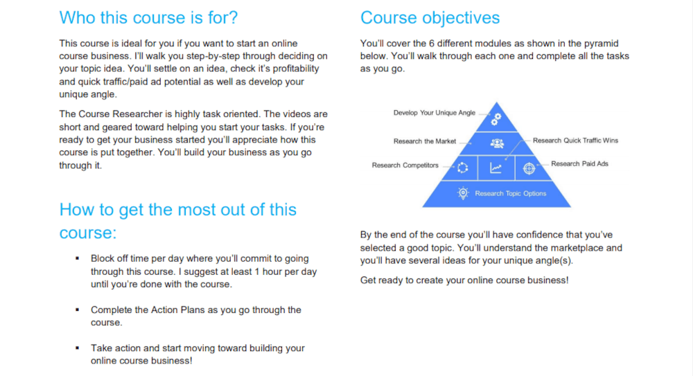 Screenshot of a coursemethod.com Action Plan.