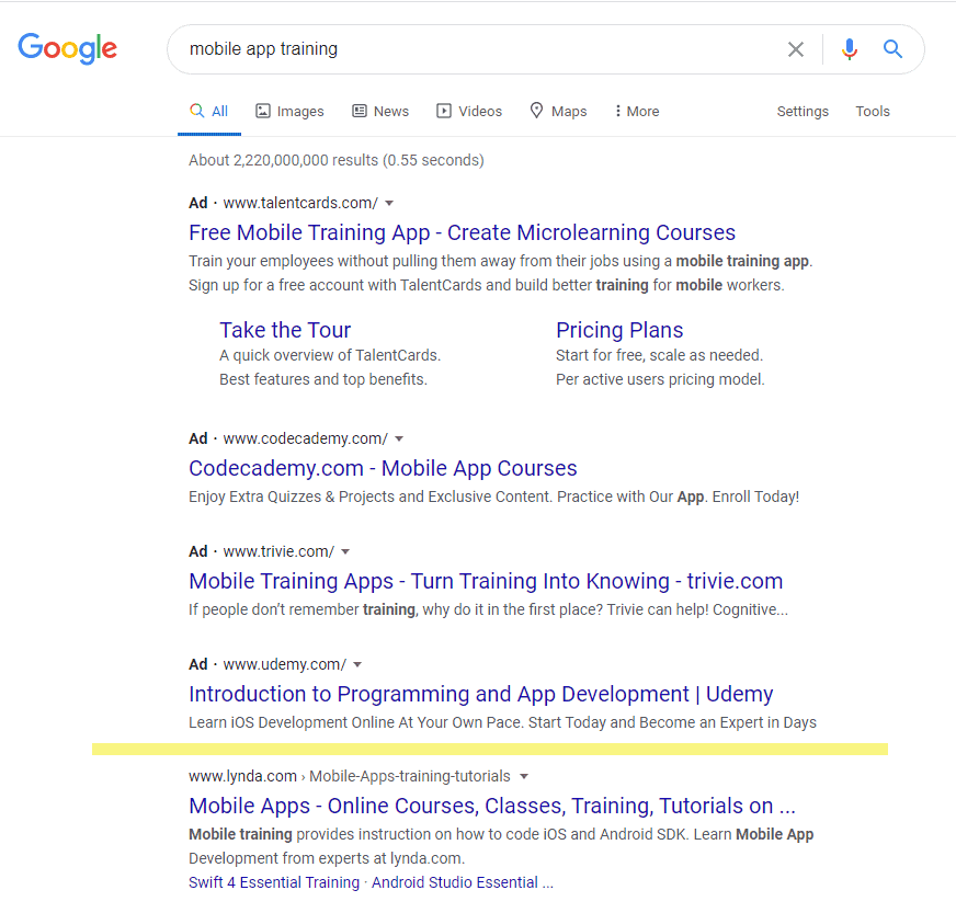 Screenshot of Google Adwords search for mobile app training.