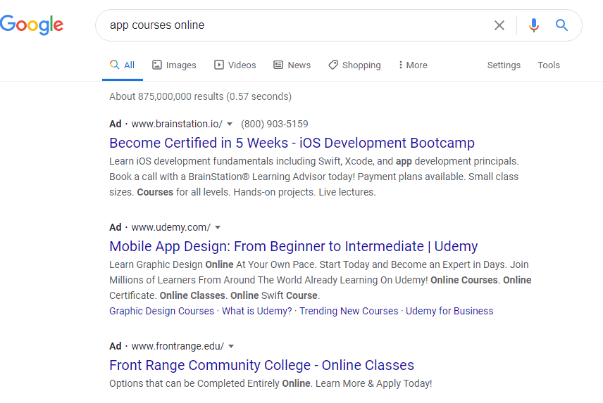 screenshot showing google search for app courses.