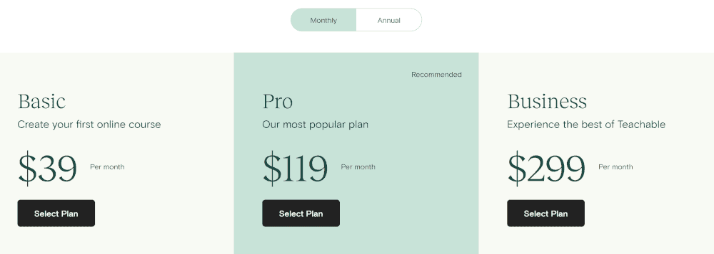 screenshot of monthly Teachable pricing options.