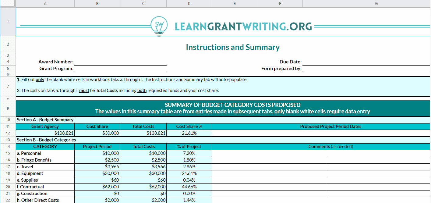 learngrantwriting.org spreadsheet