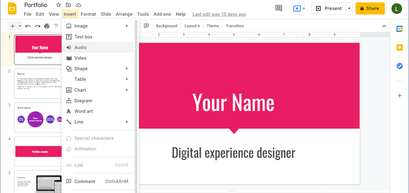 Google slides insert audio file screenshot.