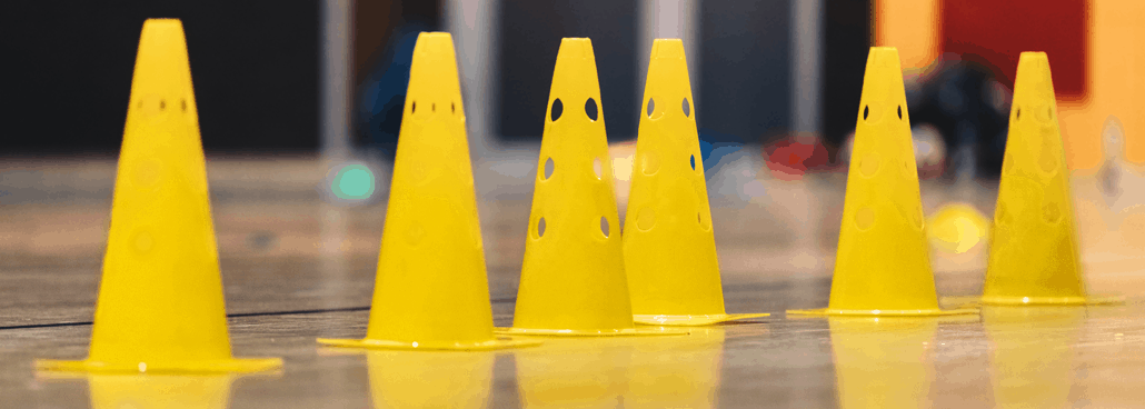 Yellow cones lined up.