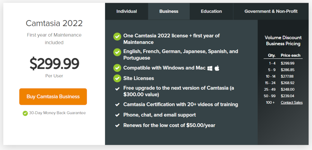 Screenshot of Camtasia business plan.