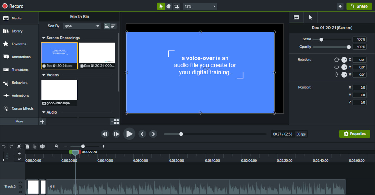 Screenshot of camtasia while cropping a video