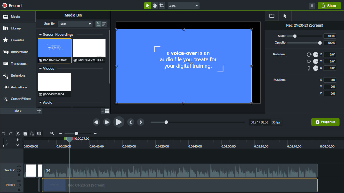 Screenshot of using the crop tool in camtasia