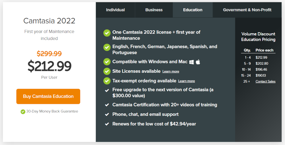 Screenshot of Camtasia business plan.