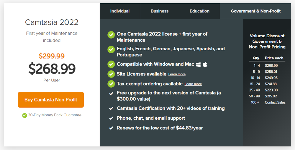 Screenshot of Camtasia government plan.