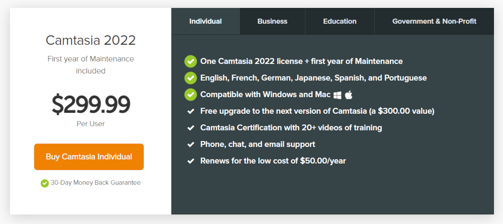 Screenshot of Camtasia individual pricing plan.