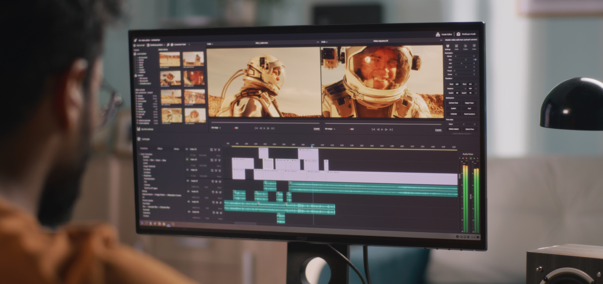 Guy editing video in front of a computer