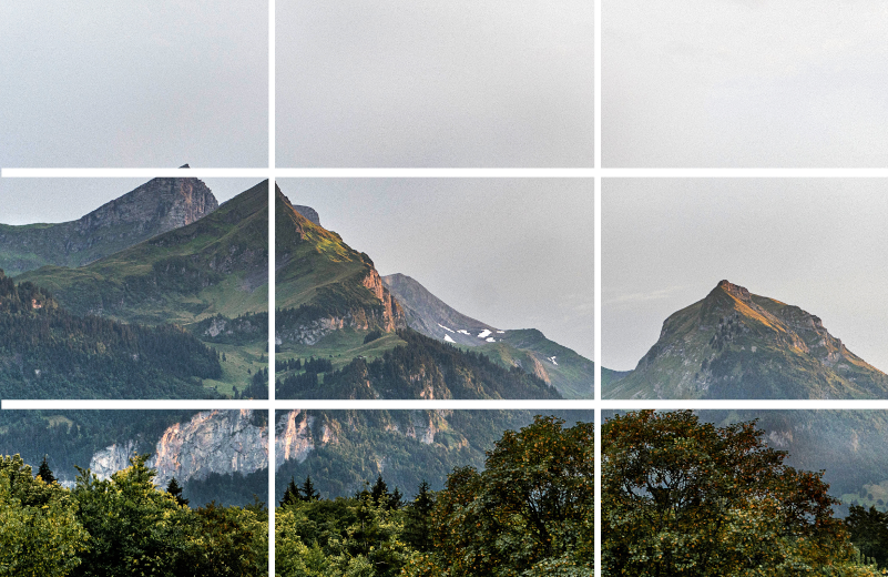 Image of mountains divided up into 9 equal parts.