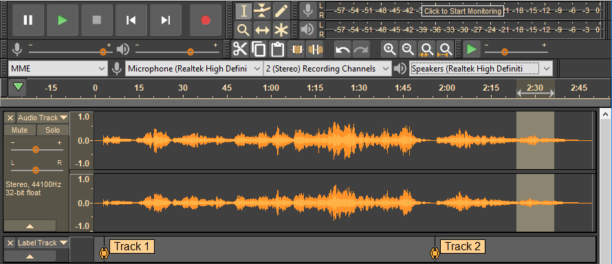 Screenshot of Audacity in dark mode.