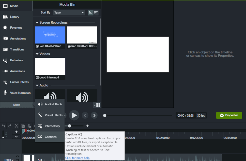 Screenshot of Camtasia starting to add captions.