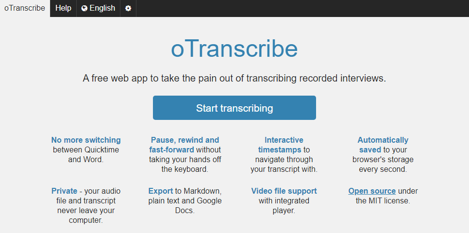 oTranscribe homepage