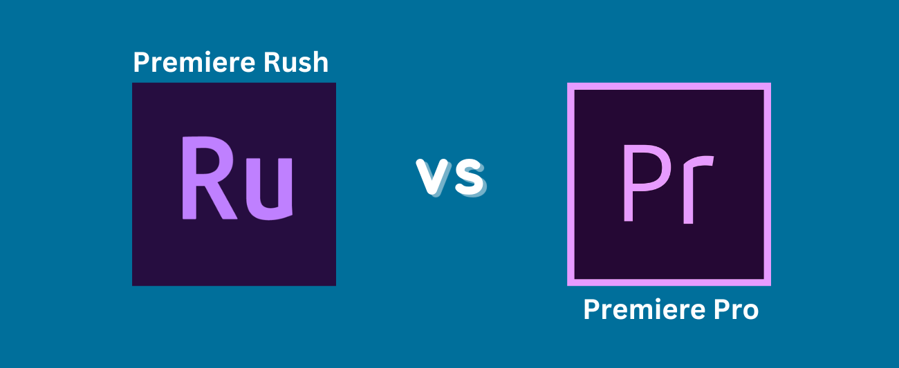 Custom image with text 'Premiere Pro vs Premiere Rush' and icons for both video editing software.