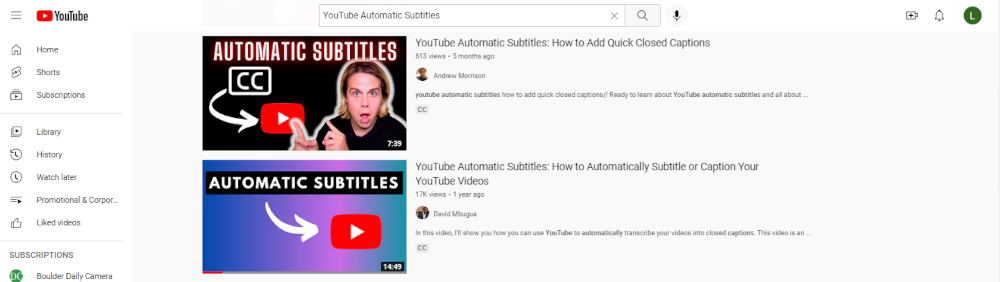 Screenshot of YouTube search for automatic subtitles.