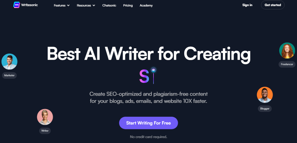 Screenshot of Writesonic homepage.