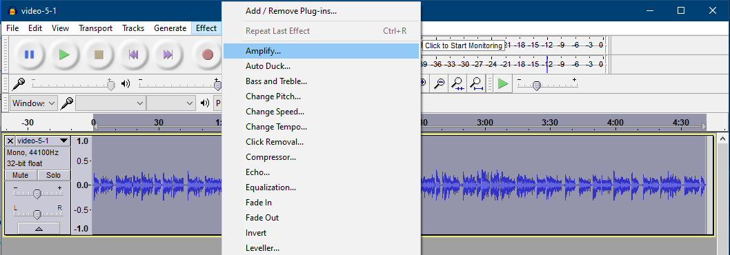 Screenshot of Audacity showing mouse hovering over 'Effect' and then 'Amplify'.