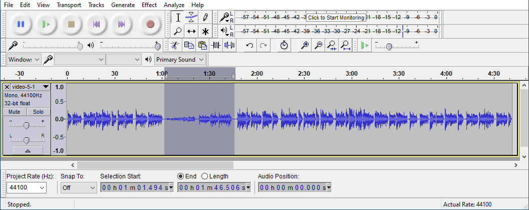 Screenshot of Audacity showing part of a track with the Fade In effect added.