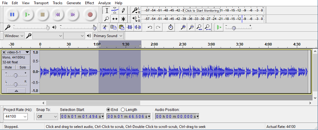 Screenshot of Audacity showing part of a track selected.