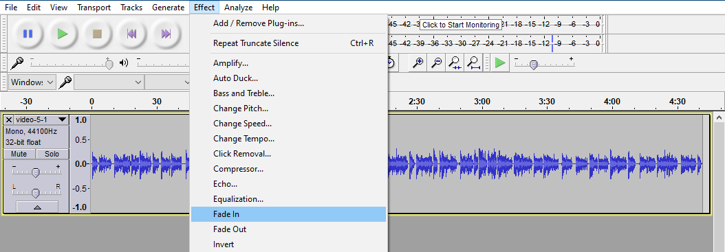 Screenshot of Audacity showing mouse hovering over 'Effect' and then 'Fade In'.