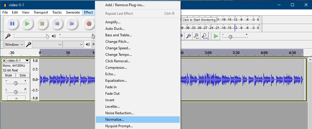 Audacity screenshot showing 'Effect' and then 'Normalize'.