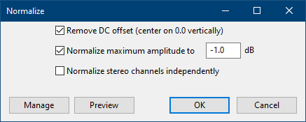 Audacity 'Normalize' tool box pop up.