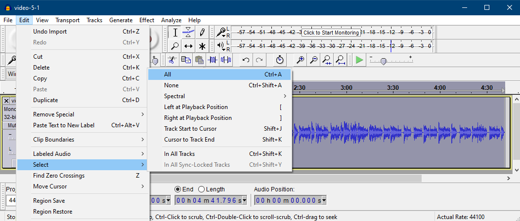 Audacity screenshot showing 'Edit', then 'Select', then 'All'.