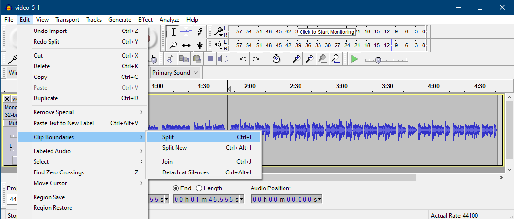 Audacity screenshot showing mouse hovering over 'Edit' and then 'Clip Boundaries', then 'Split'.