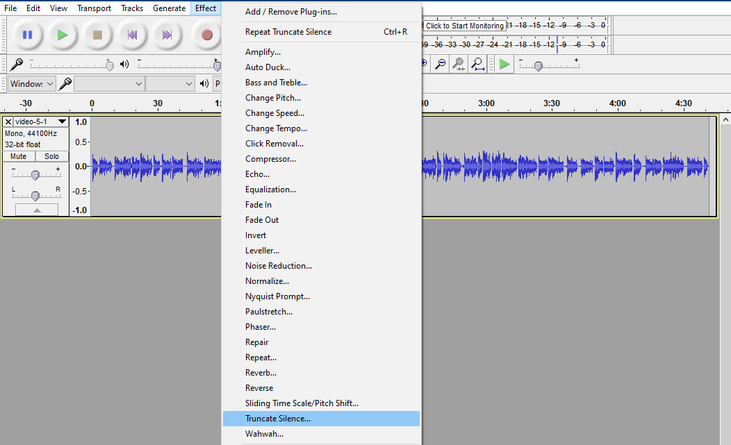 Audacity screenshot showing mouse hovering over 'Effect' and then 'Truncate Silence'.