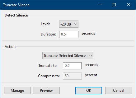 Audacity screenshot of the Truncate Silence tool box pop up.